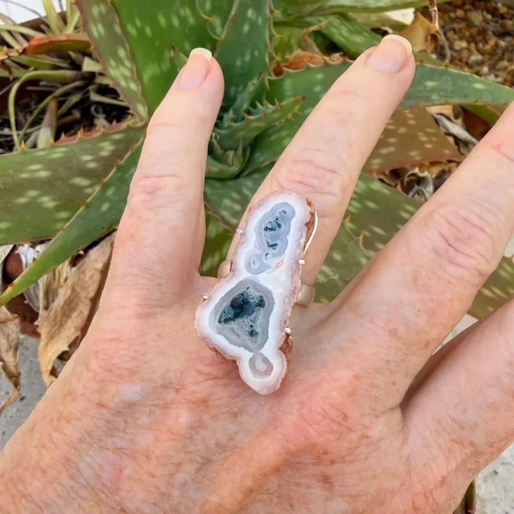 Solar Quartz Slice Druzy Ring 925 Silver Overlay Size 9, Tree Agate Ring